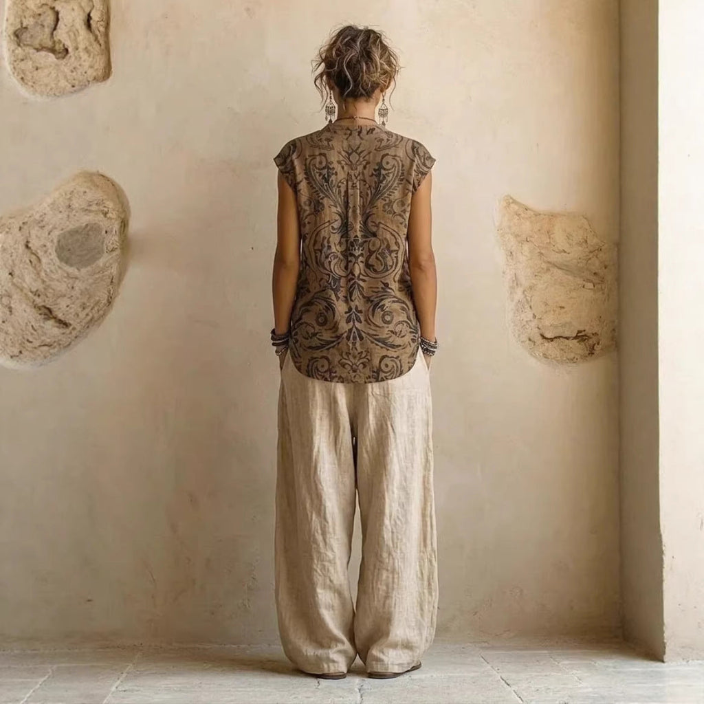 Womens Simple Loose-Fit Printed Shirt And Wide-Leg Pants 3-Piece Set