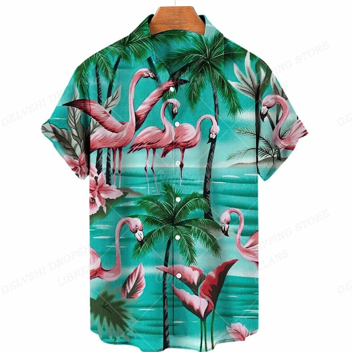 Nico - 3D flamingo bedrukt Hawai overhemd heren