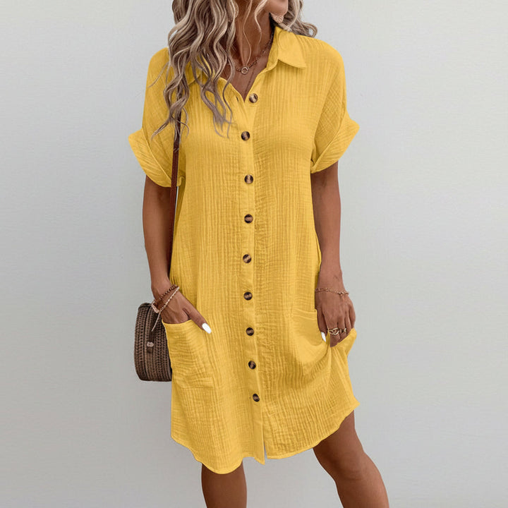 Summer Short Sleeve Shirt Dress Fashion Solid Color Single-breasted Mid-length Loose Dress