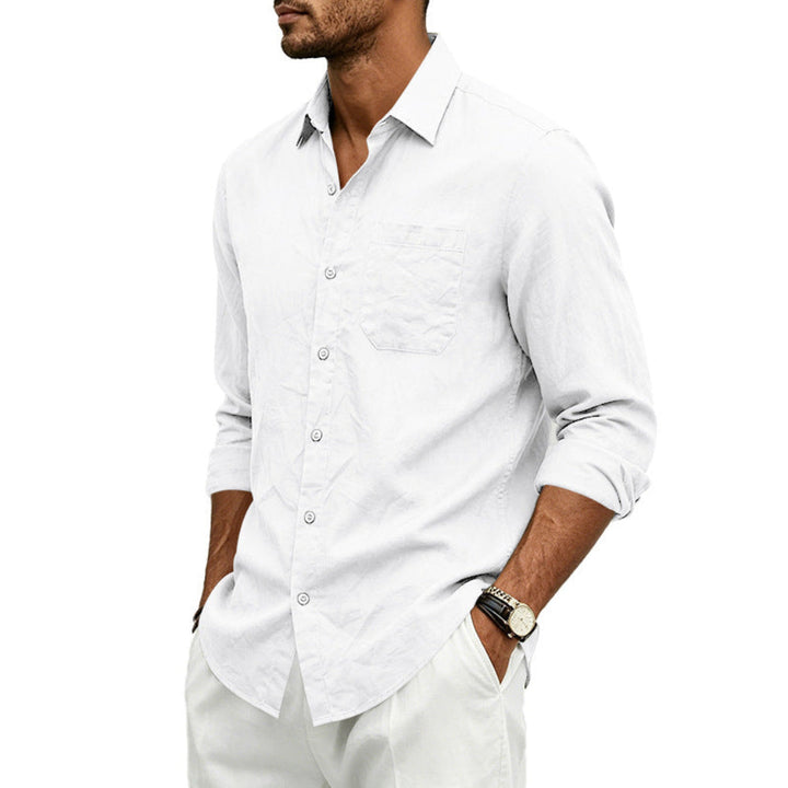 Mens Linen Loose-fit Lapel Long-sleeve Shirt