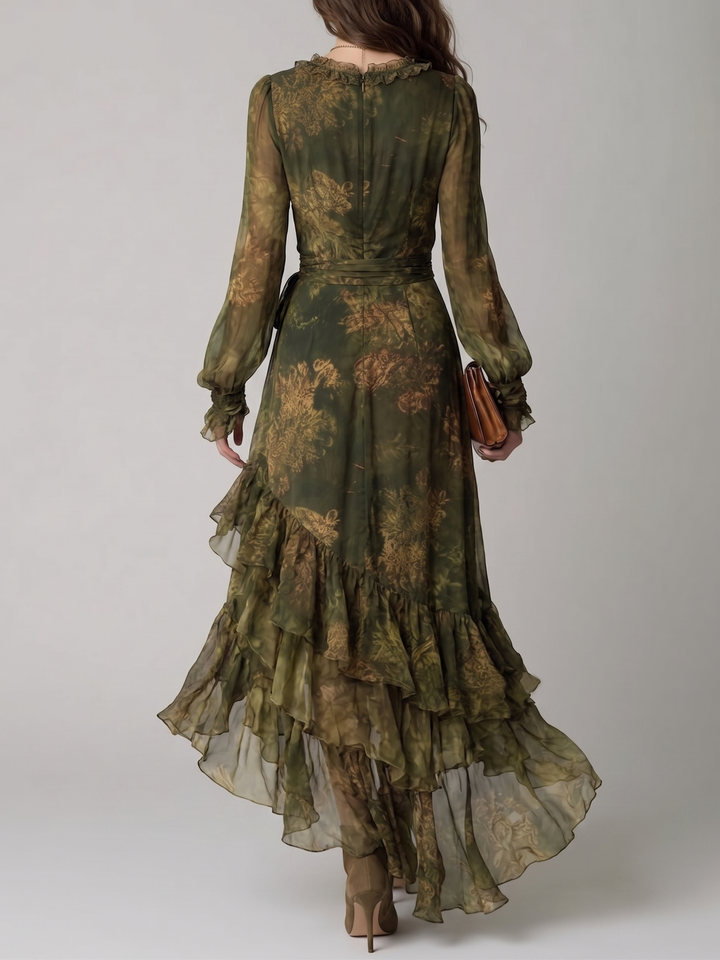 Groene maxi-wikkeljurk met bloemenprint, V-hals, lange mouwen en volants voor dames