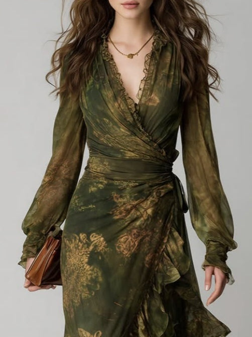 Groene maxi-wikkeljurk met bloemenprint, V-hals, lange mouwen en volants voor dames