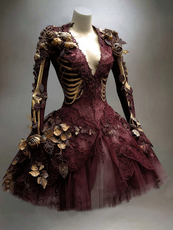 Gothic skeletjurk voor dames met lange mouwen, mini, voor Halloween