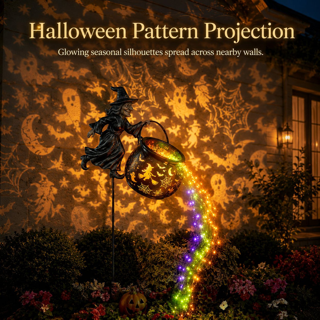 Halloween heksenketel-tuinlamp met kleurrijk licht en griezelige projecties