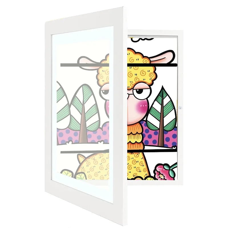 Kinderlijst met opklapbare opening voor A4-tekeningen, biedt plaats aan maximaal 150 stuks, MDF en gehard glas