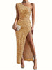 Elegante one shoulder maxi avondjurk met split en lovertjes