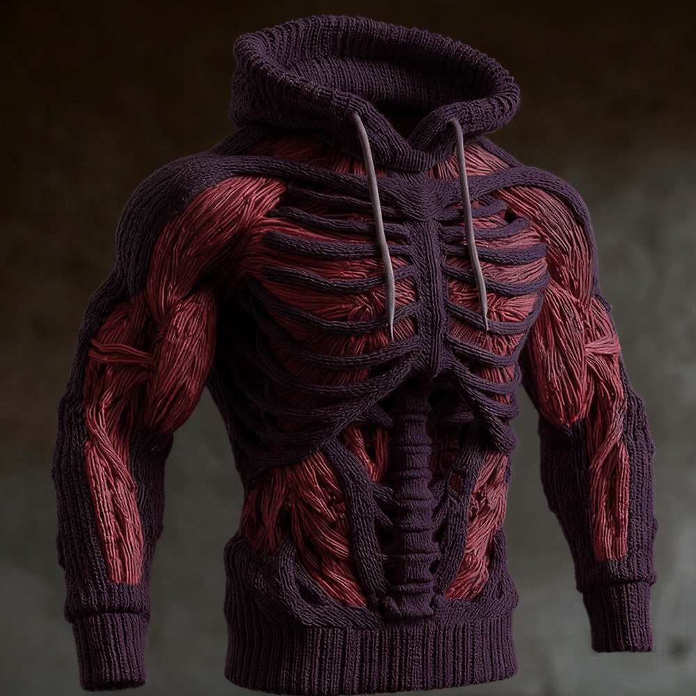Gebreide Halloween-hoodie voor heren met 3D-skeletontwerp, lange mouwen