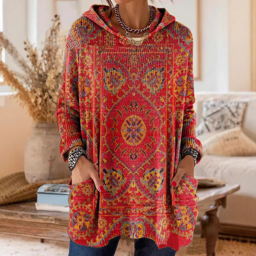 Tuniektop met capuchon en bohemianprint, losse pasvorm en lange mouwen