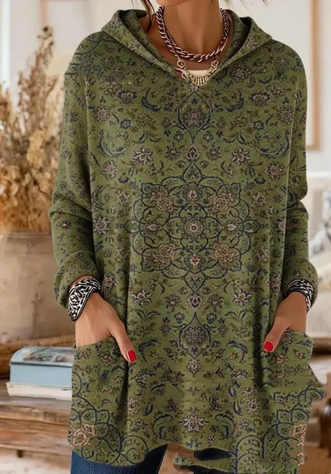 Tuniektop met capuchon en bohemianprint, losse pasvorm en lange mouwen