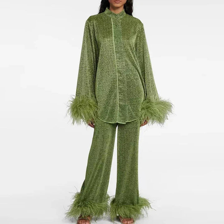 Glitterset voor dames, tweedelig, met veren aan de zoom, feestoutfit