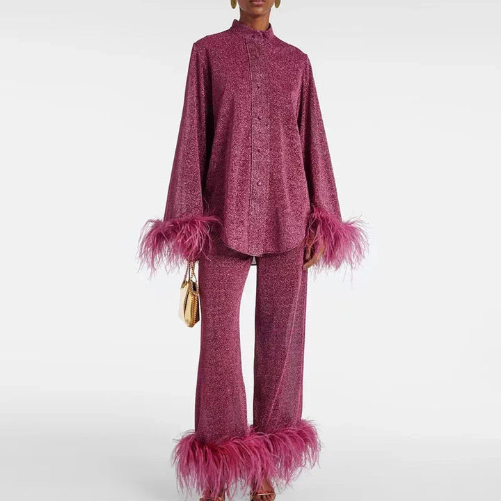 Glitterset voor dames, tweedelig, met veren aan de zoom, feestoutfit