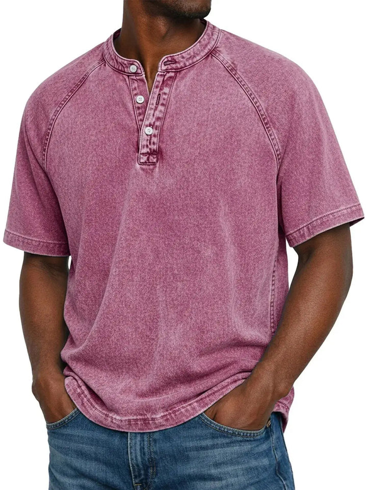 Casual T-shirt met korte mouwen voor heren met raglanmouwen in gewassen henley-stijl