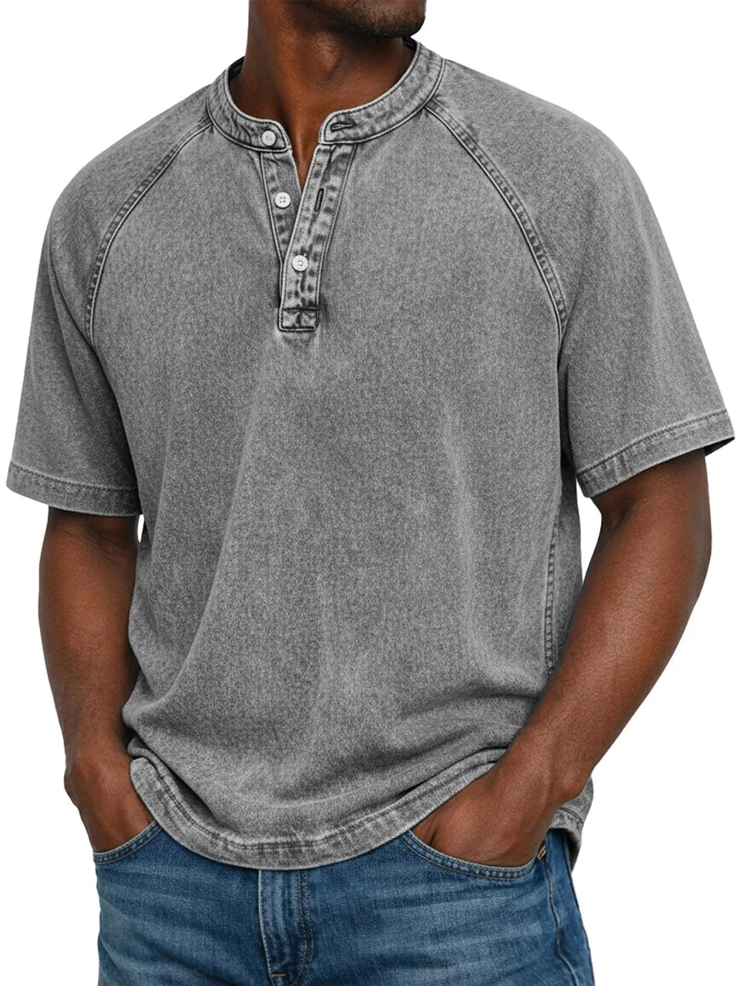 Casual T-shirt met korte mouwen voor heren met raglanmouwen in gewassen henley-stijl