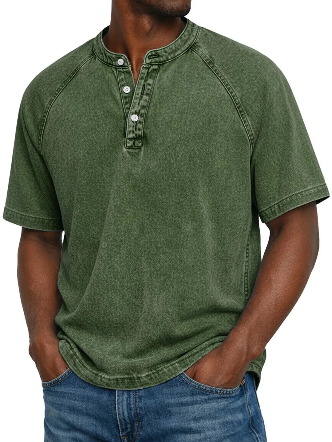 Casual T-shirt met korte mouwen voor heren met raglanmouwen in gewassen henley-stijl