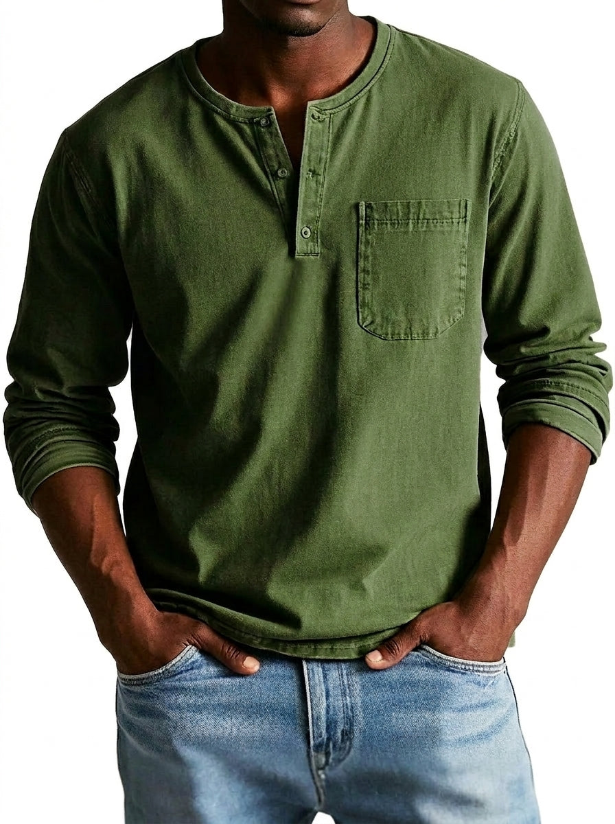 Henley-shirt voor heren met lange mouwen, knoopsluiting en borstzak