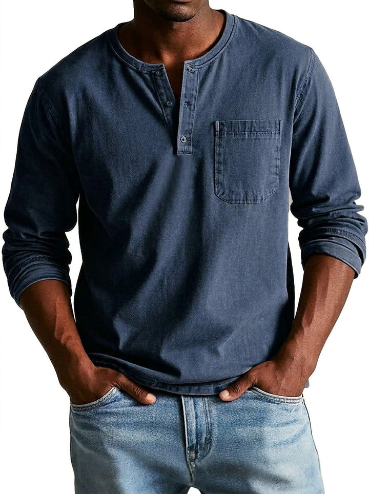 Henley-shirt voor heren met lange mouwen, knoopsluiting en borstzak