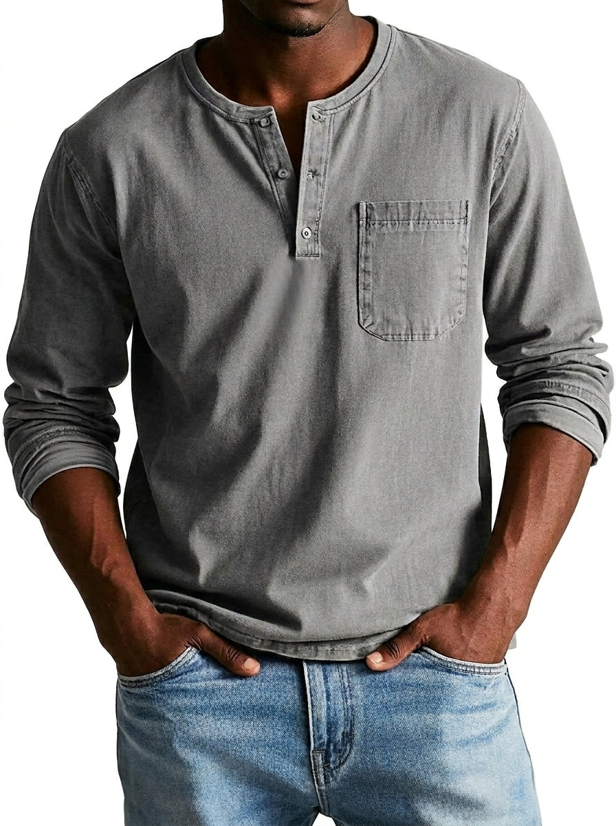 Henley-shirt voor heren met lange mouwen, knoopsluiting en borstzak