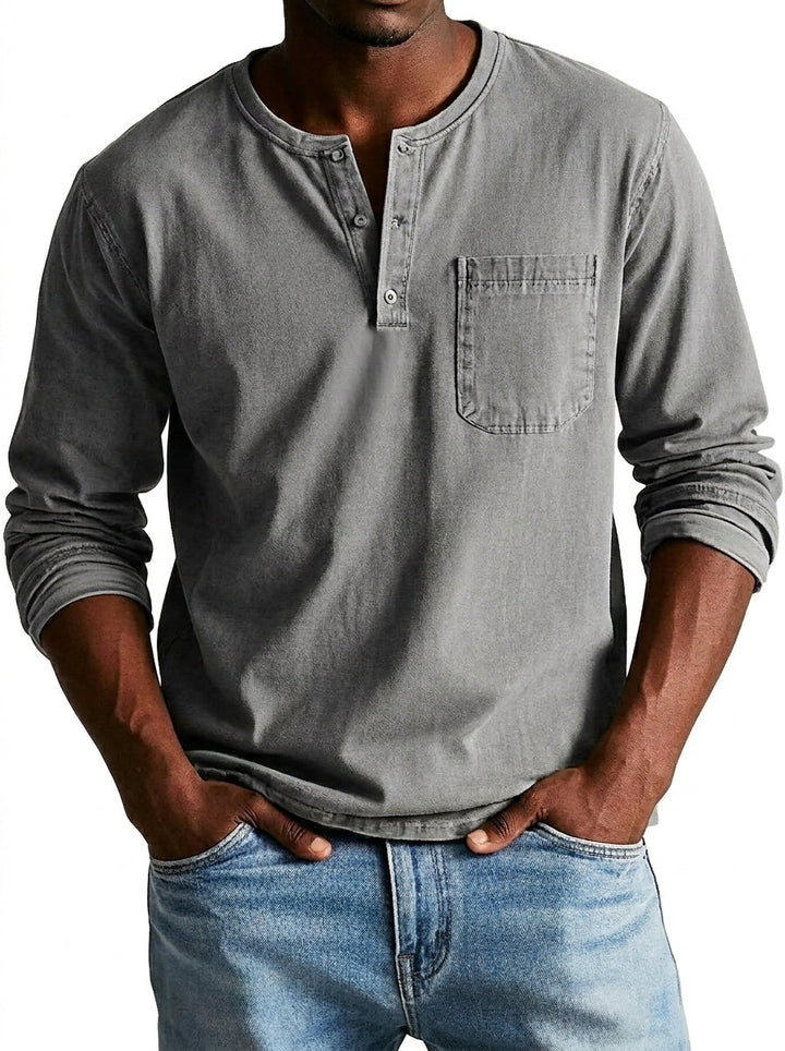 Henley-shirt voor heren met lange mouwen, knoopsluiting en borstzak