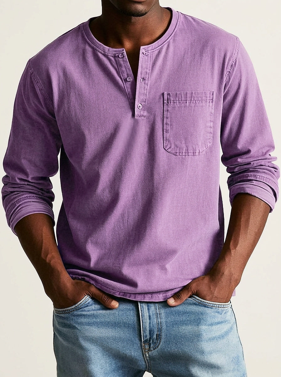 Henley-shirt voor heren met lange mouwen, knoopsluiting en borstzak
