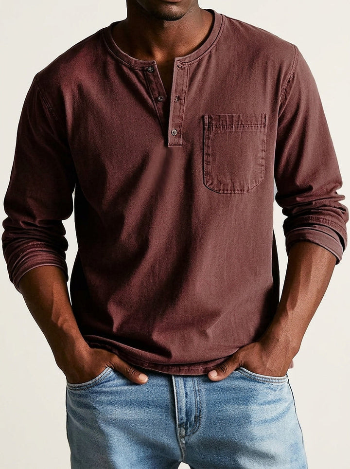 Henley-shirt voor heren met lange mouwen, knoopsluiting en borstzak