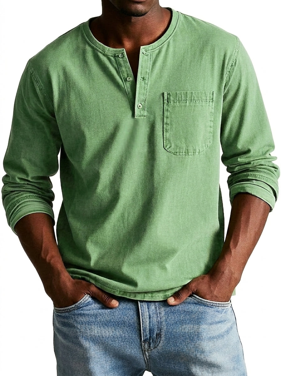 Henley-shirt voor heren met lange mouwen, knoopsluiting en borstzak