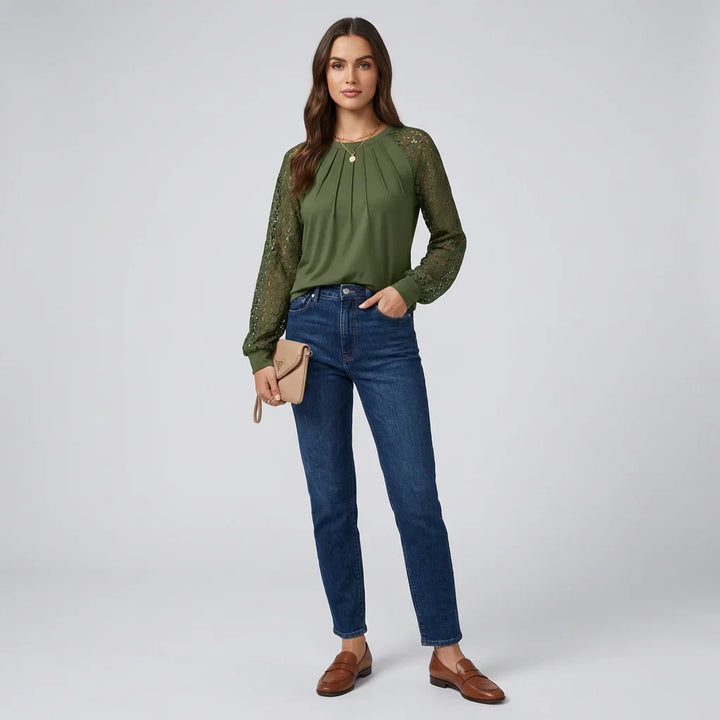 Geplooide Kant Langemouwen Blouse