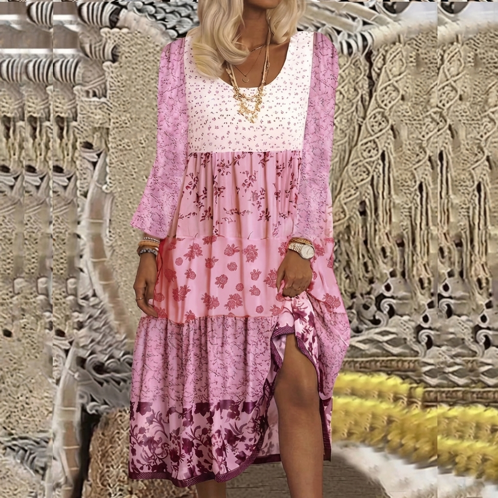 Boho damesjurk met O-hals en bloemmotief - Gisela