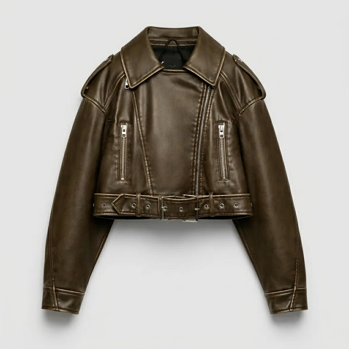 Cropped leren damesjas met riem