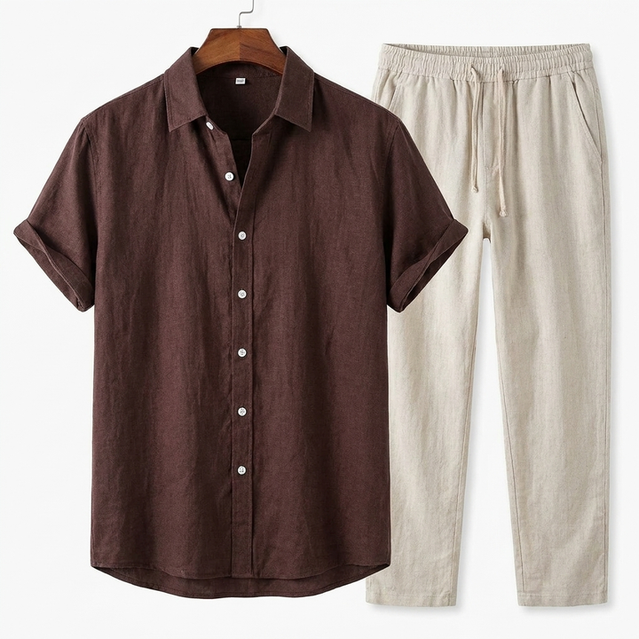 Heren Vrijetijdspak met Kortemouw Shirt en Relaxte Pasvorm Broek