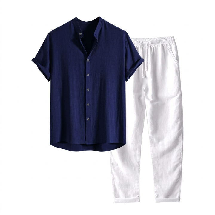 Heren Vrijetijdspak met Kortemouw Shirt en Relaxte Pasvorm Broek