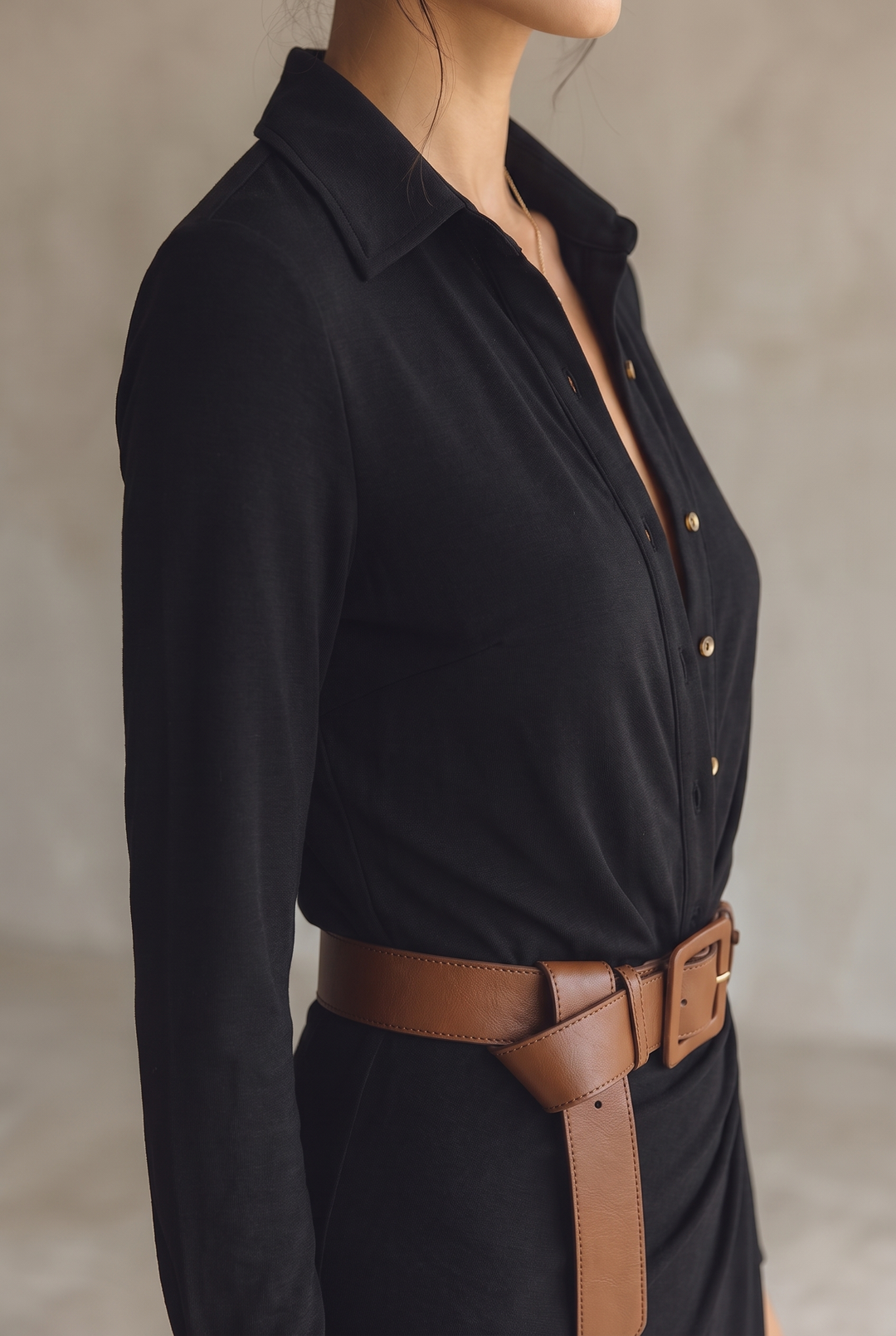 Maxi-jurk voor dames met reverskraag, enkele knooprij, riem en lange mouwen