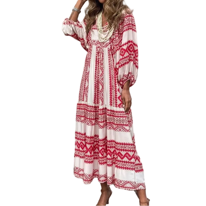 Vintage Bohemien Maxi-Jurk V-hals Korte Mouwen