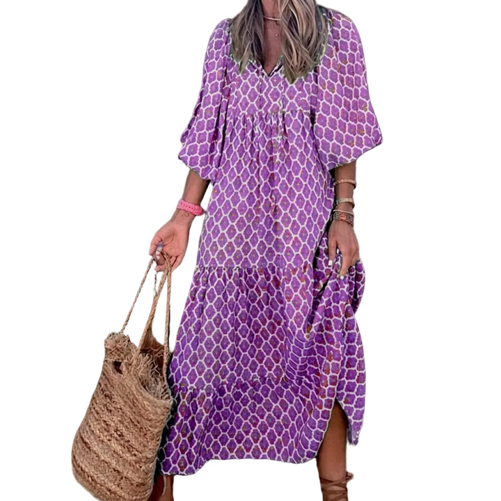Vintage Bohemien Maxi-Jurk V-hals Korte Mouwen