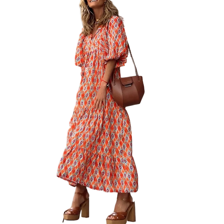 Vintage Bohemien Maxi-Jurk V-hals Korte Mouwen