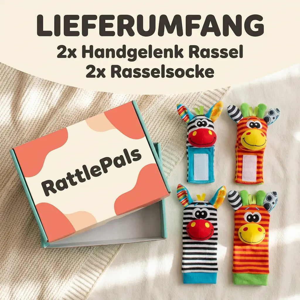 Rammelaar-set voor baby's voor hand en voet (sokken), 4 stuks, katoen, 0–12 maanden