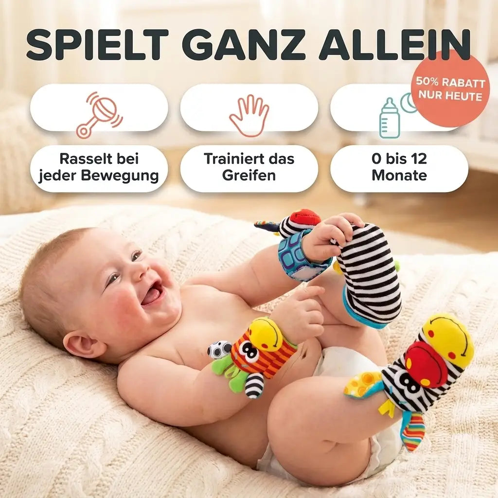 Rammelaar-set voor baby's voor hand en voet (sokken), 4 stuks, katoen, 0–12 maanden