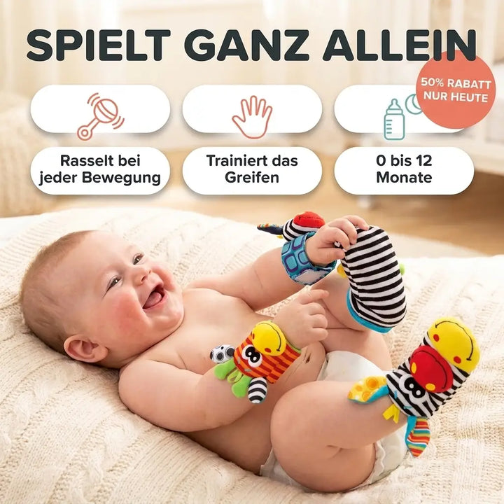 Rammelaar-set voor baby's voor hand en voet (sokken), 4 stuks, katoen, 0–12 maanden