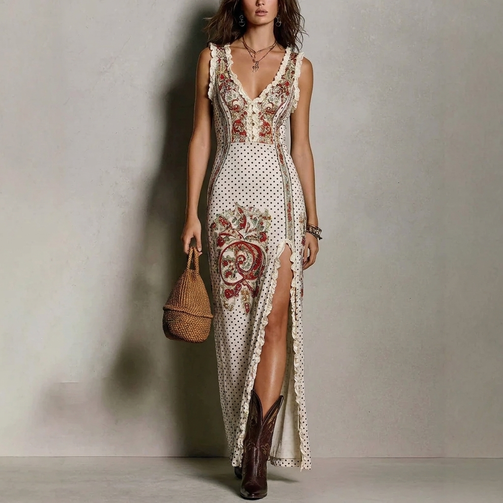 Boho maxi-jurk voor dames met digitale print en hoge split
