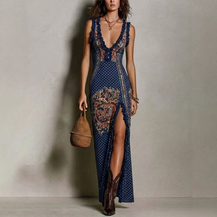 Boho maxi-jurk voor dames met digitale print en hoge split