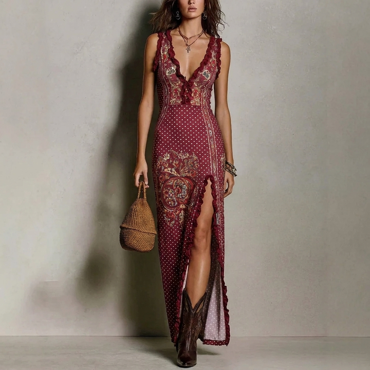 Boho maxi-jurk voor dames met digitale print en hoge split