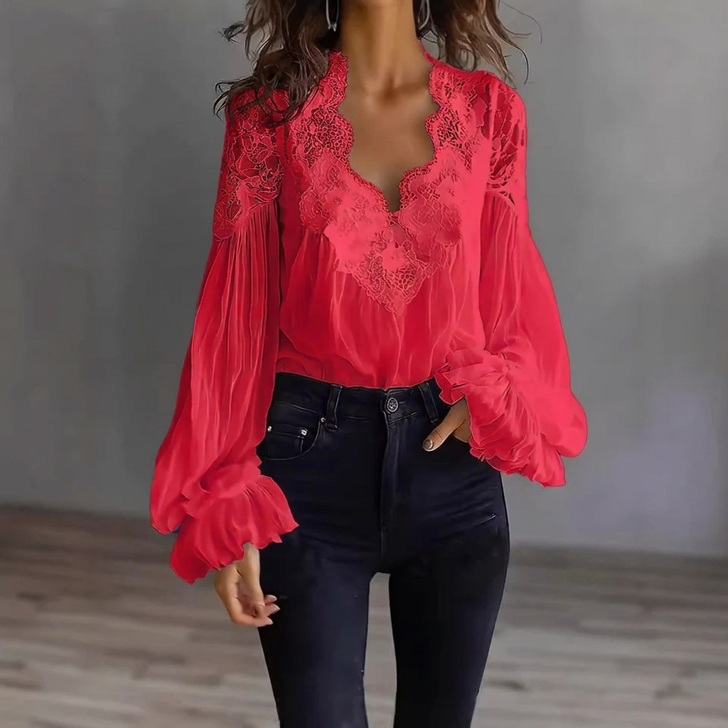 Damesblouse met panelen, ruches, pofmouwen en plooien