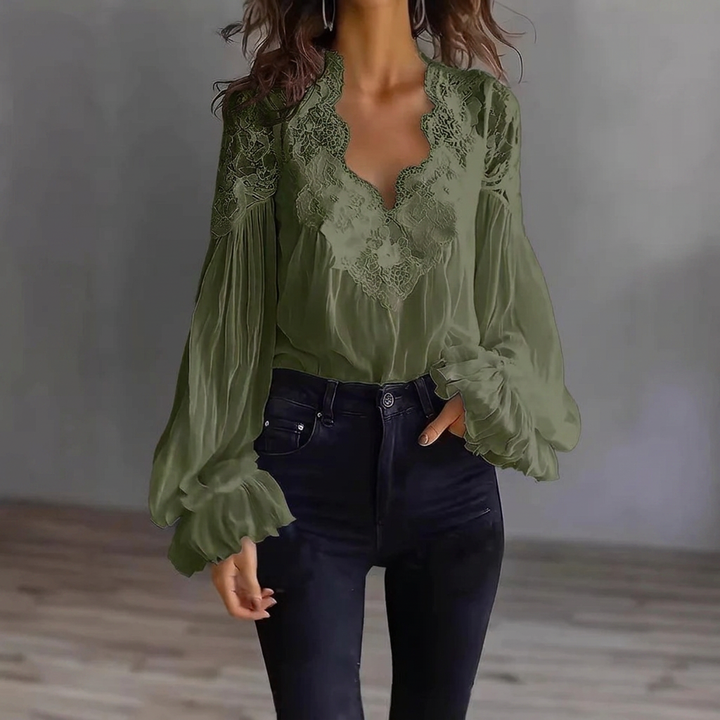 Damesblouse met panelen, ruches, pofmouwen en plooien
