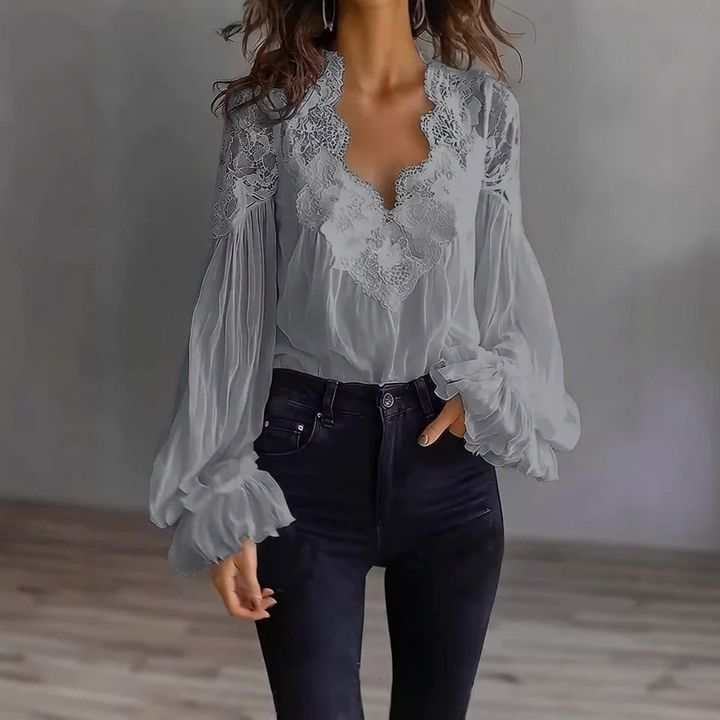 Damesblouse met panelen, ruches, pofmouwen en plooien