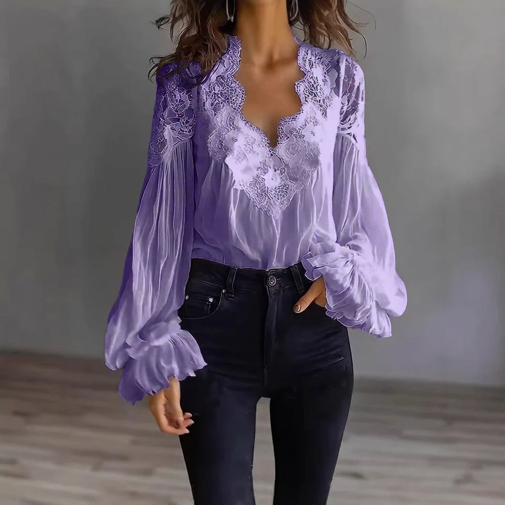 Damesblouse met panelen, ruches, pofmouwen en plooien
