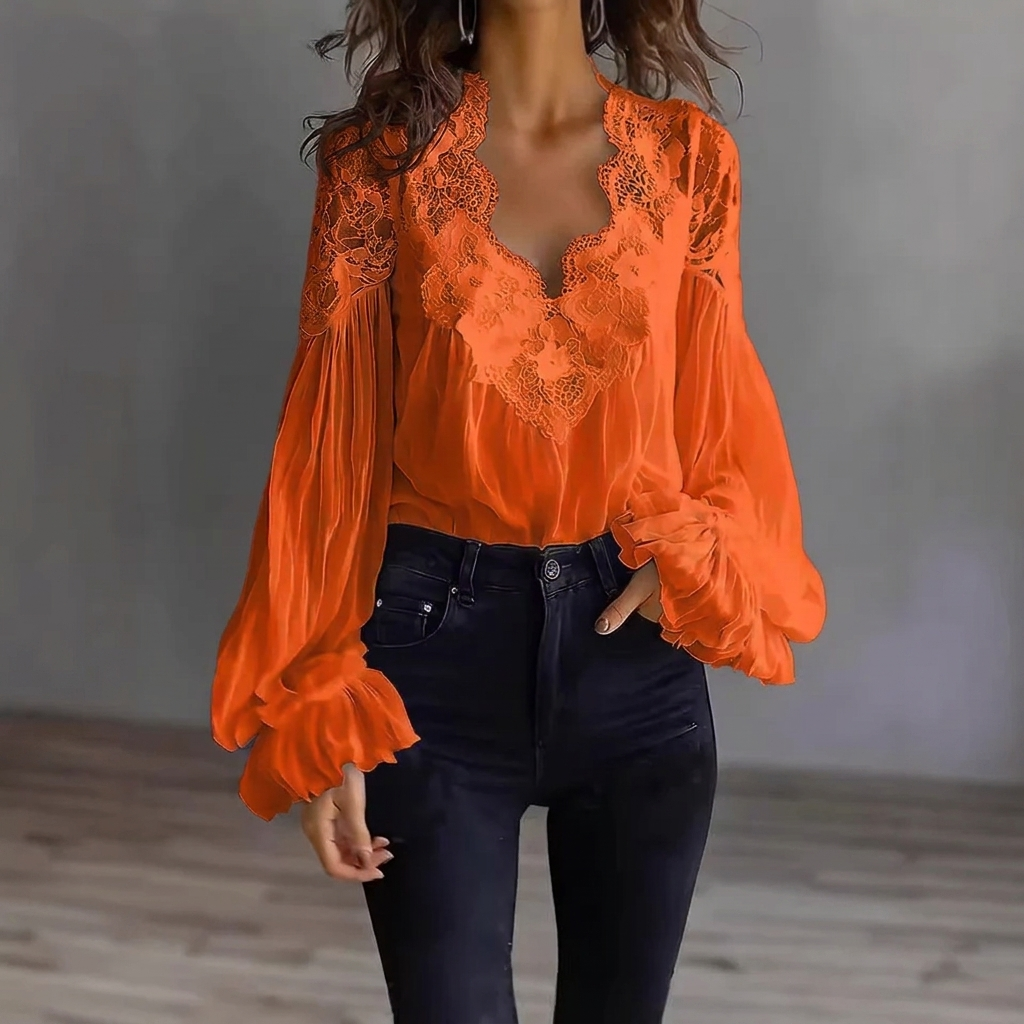 Damesblouse met panelen, ruches, pofmouwen en plooien