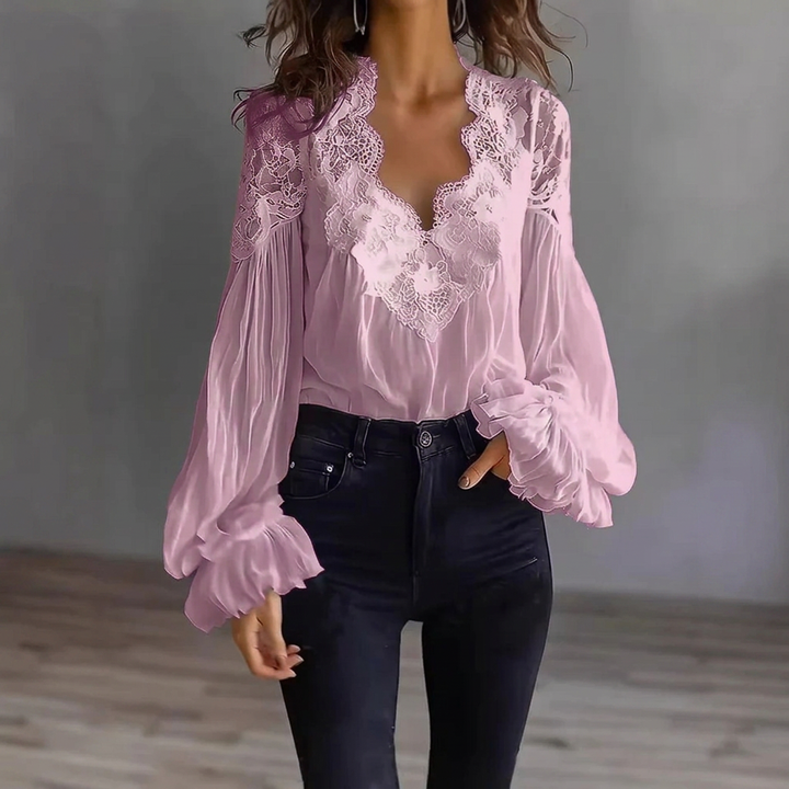 Damesblouse met panelen, ruches, pofmouwen en plooien