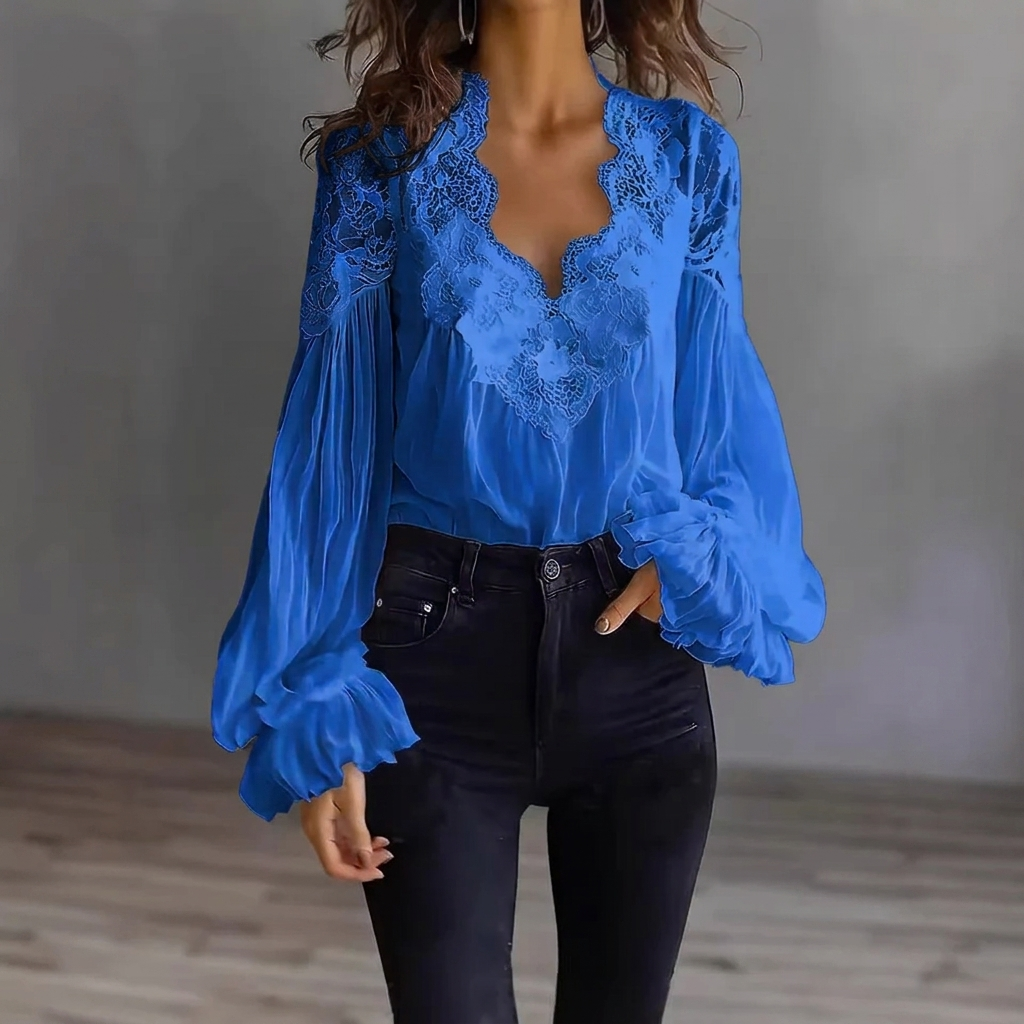 Damesblouse met panelen, ruches, pofmouwen en plooien