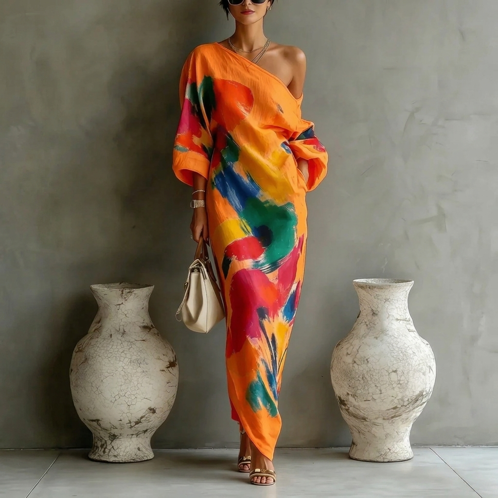 Casual damesjurk met off-shoulder design en graffiti-print