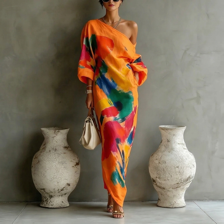 Casual damesjurk met off-shoulder design en graffiti-print