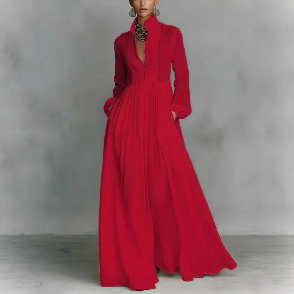 Maxi-jurk met lange mouwen en plooien in Franse stijl voor dames